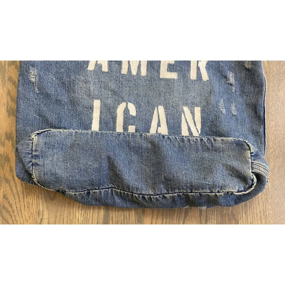 American Eagle Denim Distressed Tote Bag Blue White Logo Spell Out